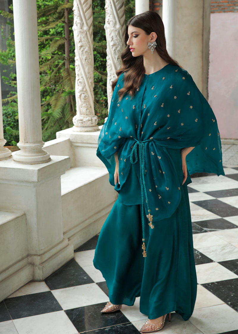 Purple Haze Pret Studio | Apsara Formals | Deep Turquoise Organza Wrap Outfit by Purple Haze - Designer Dress - Type: Ladies Clothes - Available at Libayah - 100% Original