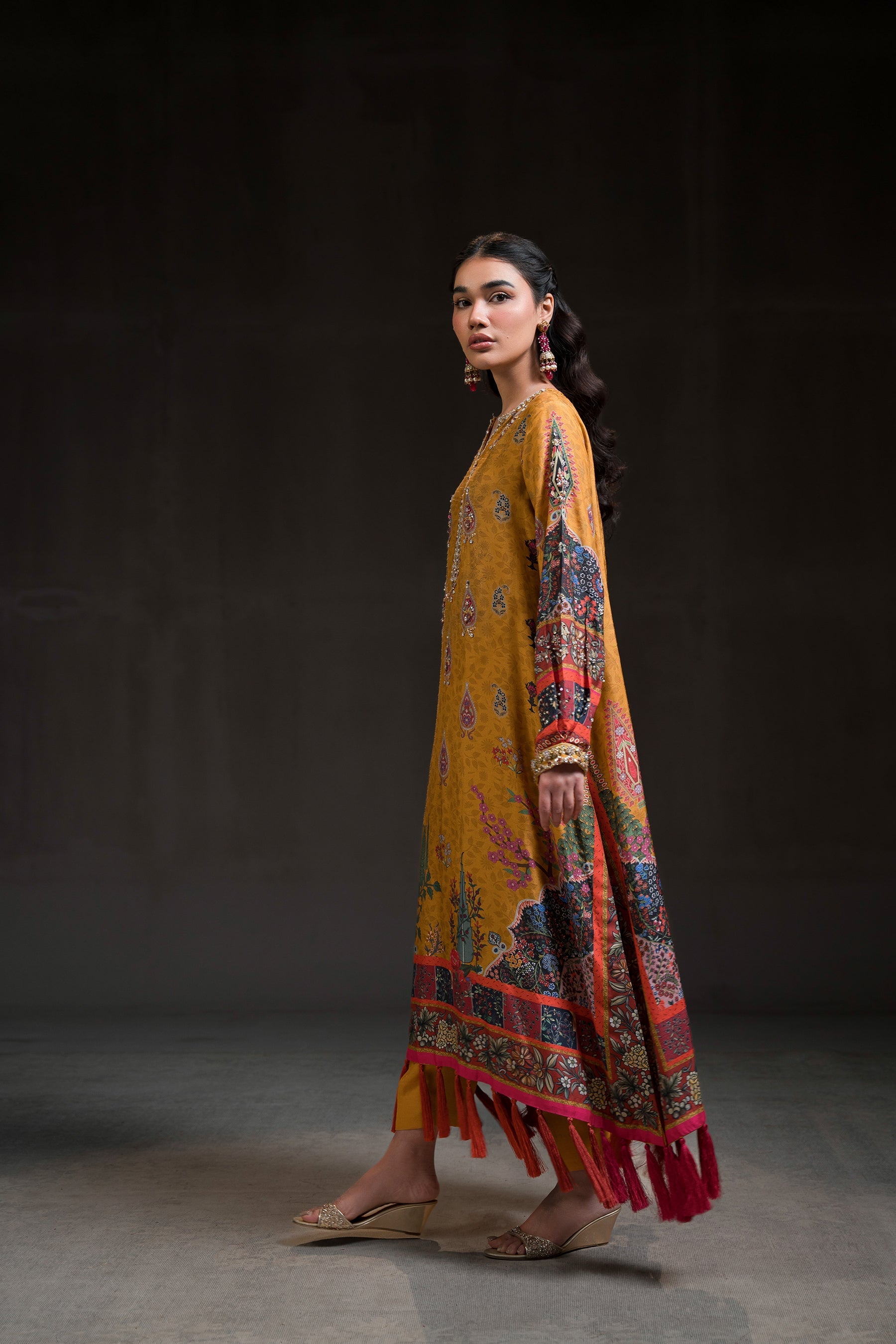 Ammara Khan | Glitz Luxury Pret 24 | MUSTARD GOLD KAFTAN SET (D-12) by Ammara Khan - Designer Dress - Type: Ladies Clothes - Available at Libayah - 100% Original