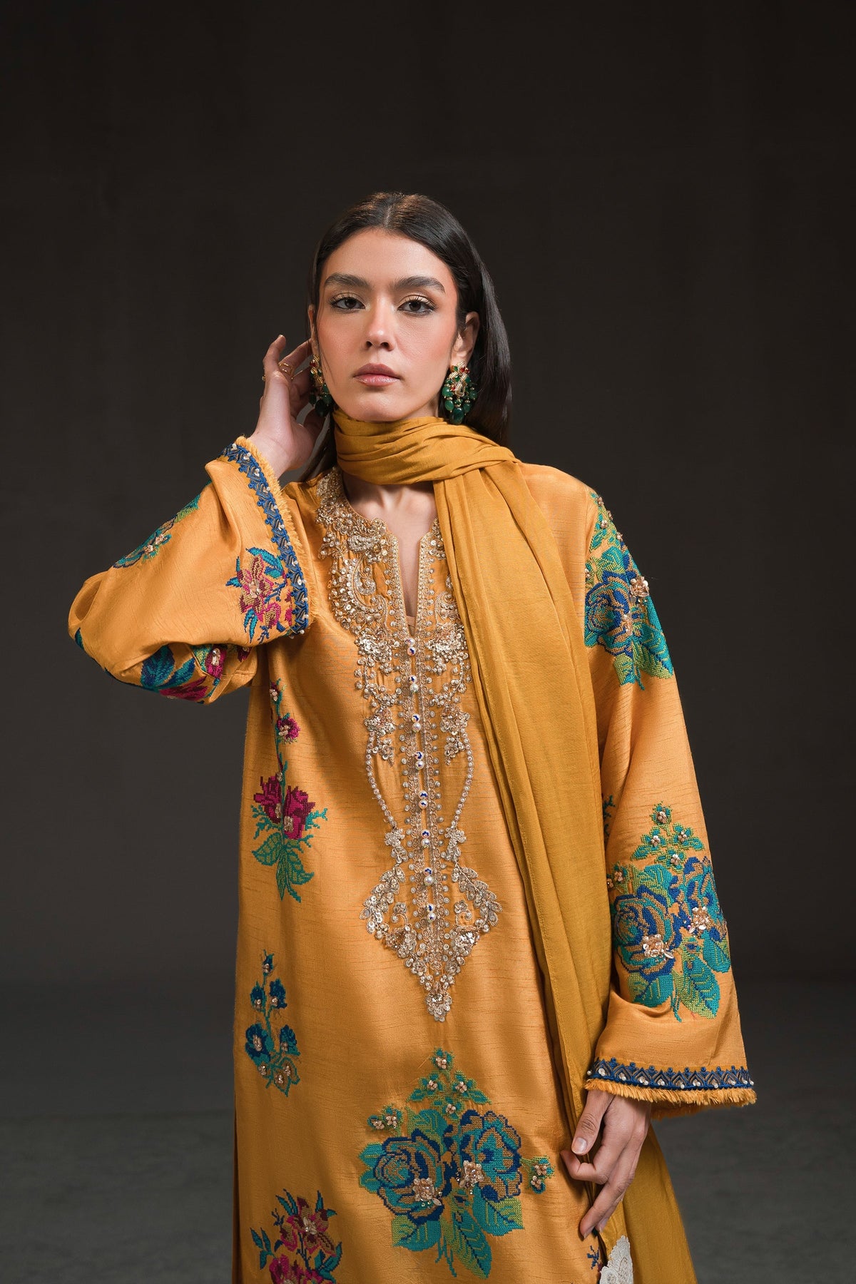 Ammara Khan | Glitz Luxury Pret 24 | MUSTARD YELLOW LONG KURTA SET (D-17) by Ammara Khan - Designer Dress - Type: Ladies Clothes - Available at Libayah - 100% Original