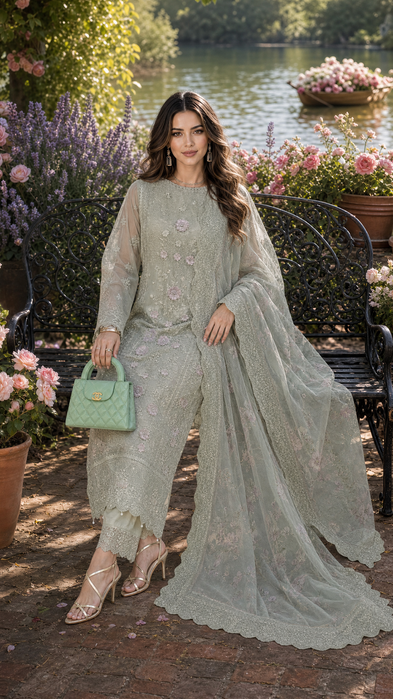 Saadia Asad | Nooriyah Luxury Chiffon | D1 - Pistachio Mist by Saadia Asad - Designer Dress  - Type : Ladies Clothes - Available at Libayah - 100% Original 