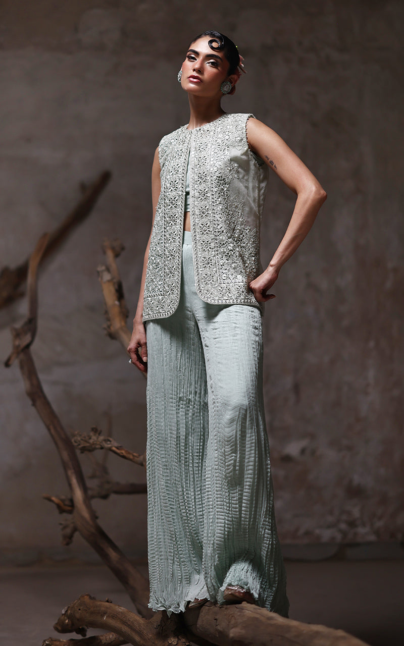 Threads and Motifs | Formal Dresses 25 | Organza Embroidered Jacket With Crushed Trouser by Threads and Motifs - Designer Dress  - Type : Ladies Clothes - Available at Libayah - 100% Original 