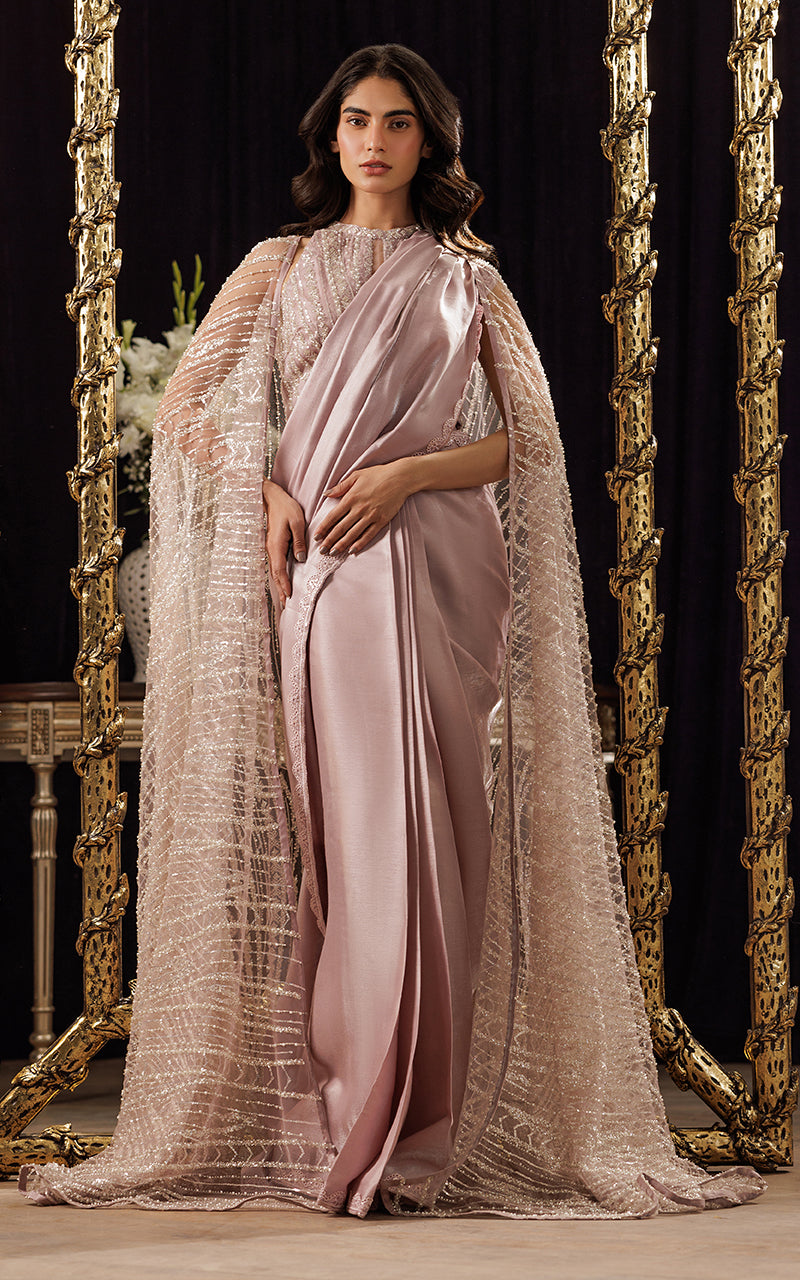 Threads and Motifs | Formal Dresses 25 | Net Embroidered Cape With Blouse And Skirt Saree by Threads and Motifs - Designer Dress  - Type : Ladies Clothes - Available at Libayah - 100% Original 