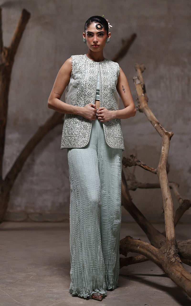 Threads and Motifs | Formal Dresses 25 | Organza Embroidered Jacket With Crushed Trouser by Threads and Motifs - Designer Dress  - Type : Ladies Clothes - Available at Libayah - 100% Original 