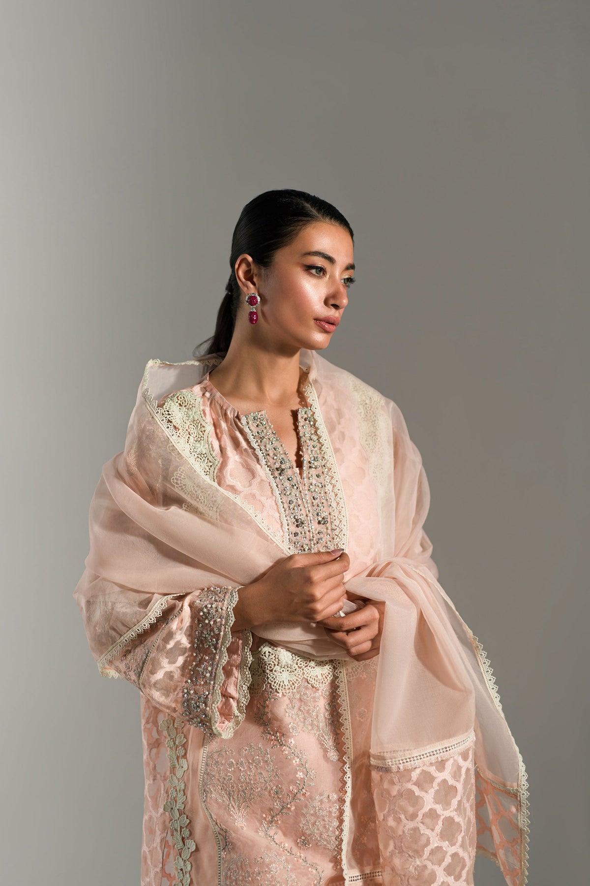 Ammara Khan | Lily Luxury Formals 24 | PASTEL PEACH LONG KURTA (D-07) by Ammara Khan - Designer Dress - Type: Ladies Clothes - Available at Libayah - 100% Original
