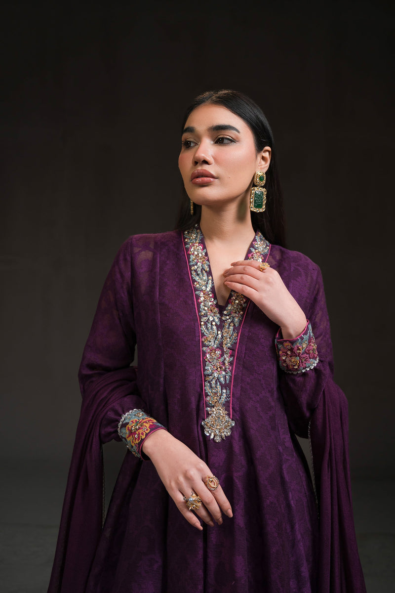 Ammara Khan | Glitz Luxury Pret 24 | DEEP PURPLE PEPLUM KALIDAR (D-18) by Ammara Khan - Designer Dress - Type: Ladies Clothes - Available at Libayah - 100% Original
