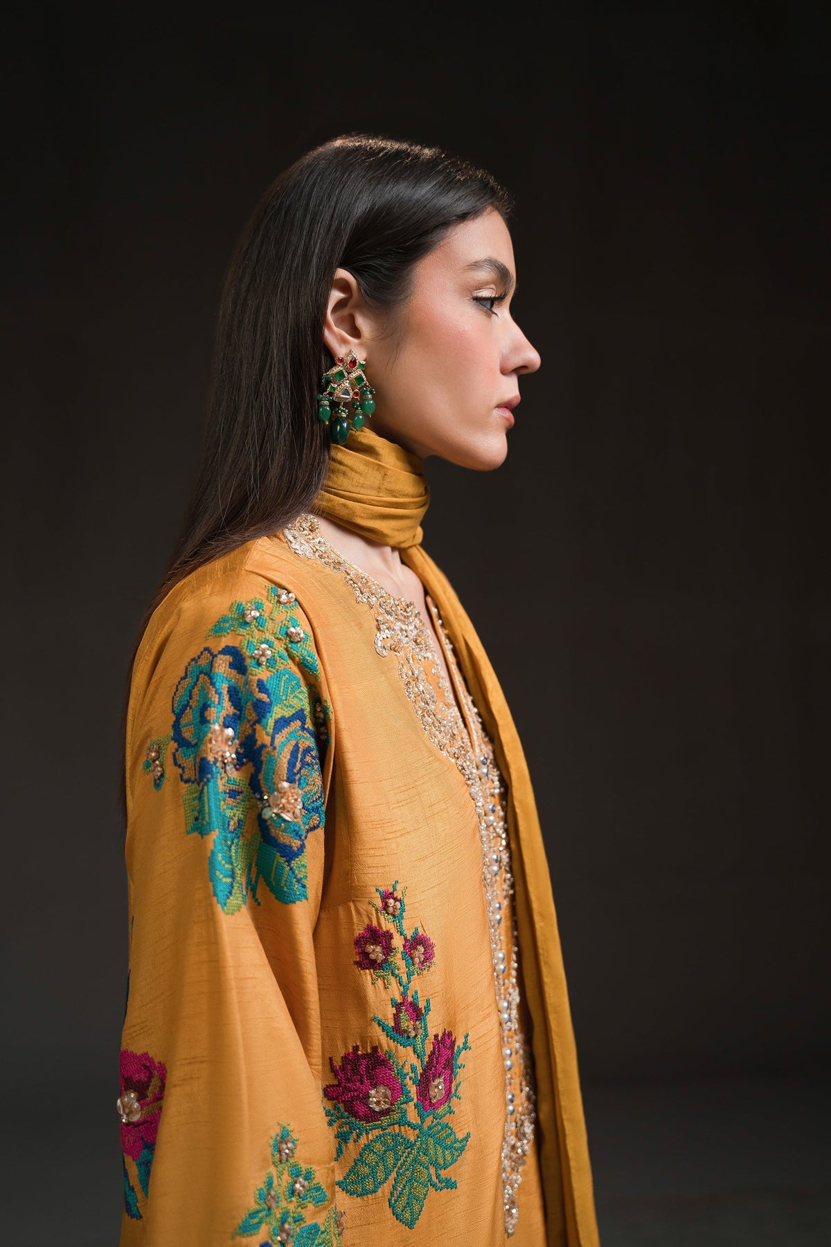 Ammara Khan | Glitz Luxury Pret 24 | MUSTARD YELLOW LONG KURTA SET (D-17) by Ammara Khan - Designer Dress - Type: Ladies Clothes - Available at Libayah - 100% Original