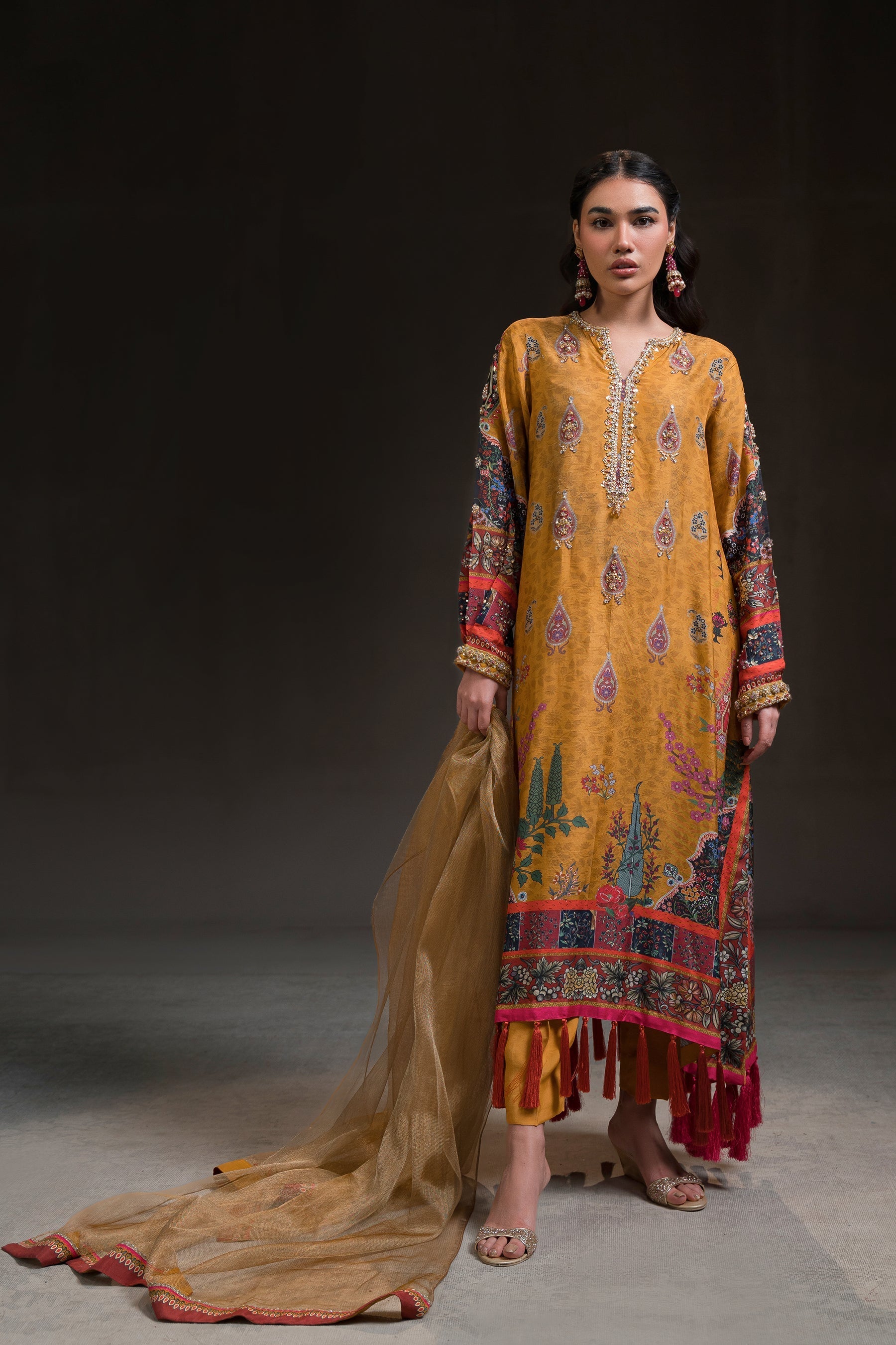 Ammara Khan | Glitz Luxury Pret 24 | MUSTARD GOLD KAFTAN SET (D-12) by Ammara Khan - Designer Dress - Type: Ladies Clothes - Available at Libayah - 100% Original