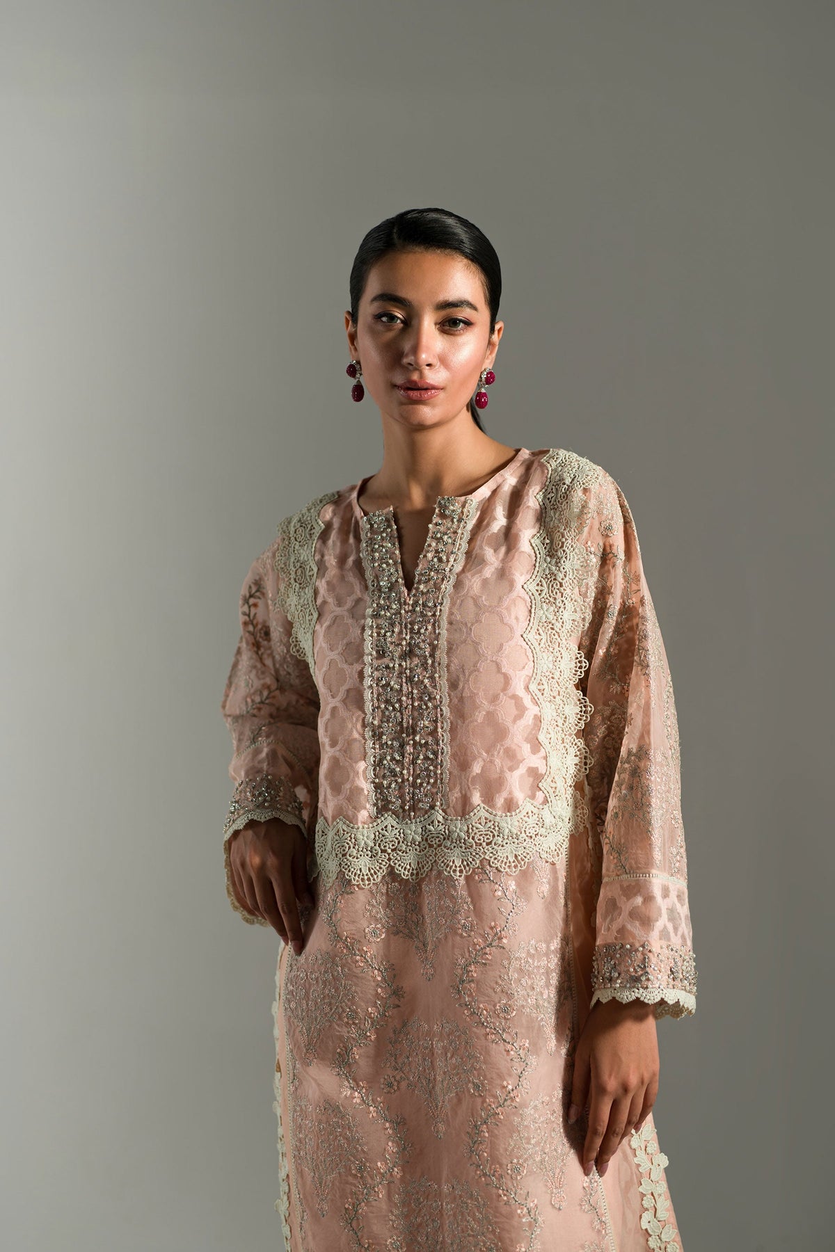 Ammara Khan | Lily Luxury Formals 24 | PASTEL PEACH LONG KURTA (D-07) by Ammara Khan - Designer Dress - Type: Ladies Clothes - Available at Libayah - 100% Original