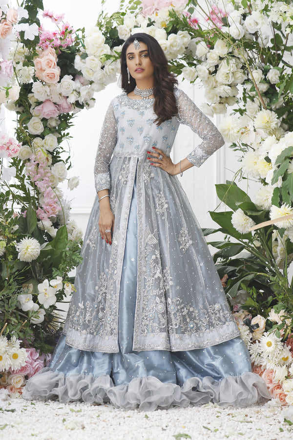Wahajmkhan | Eden wedding Formals | ICE BLUE ANARKALI WITH FRILL LENGA by Wahaj M.Khan - Designer Dress - Type: Ladies Clothes - Available at Libayah - 100% Original