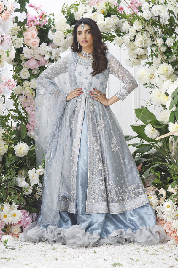 Wahajmkhan | Eden wedding Formals | ICE BLUE ANARKALI WITH FRILL LENGA by Wahaj M.Khan - Designer Dress - Type: Ladies Clothes - Available at Libayah - 100% Original