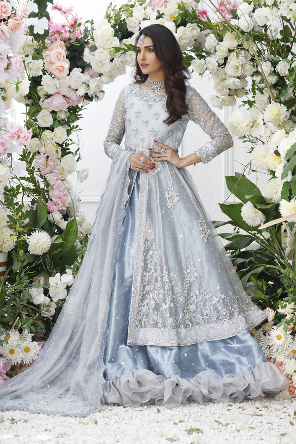Wahajmkhan | Eden wedding Formals | ICE BLUE ANARKALI WITH FRILL LENGA by Wahaj M.Khan - Designer Dress - Type: Ladies Clothes - Available at Libayah - 100% Original