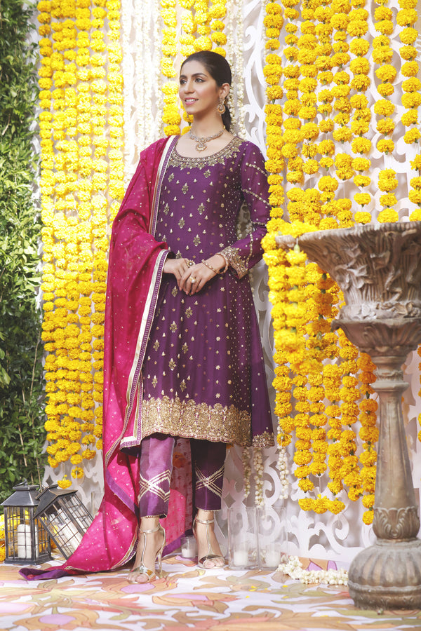Wahajmbegum | Mehrunnisa Wedding Formals | PURPLE MAGENTA A-LINE OUTFIT by Wahaj M.Khan - Designer Dress - Type: Ladies Clothes - Available at Libayah - 100% Original