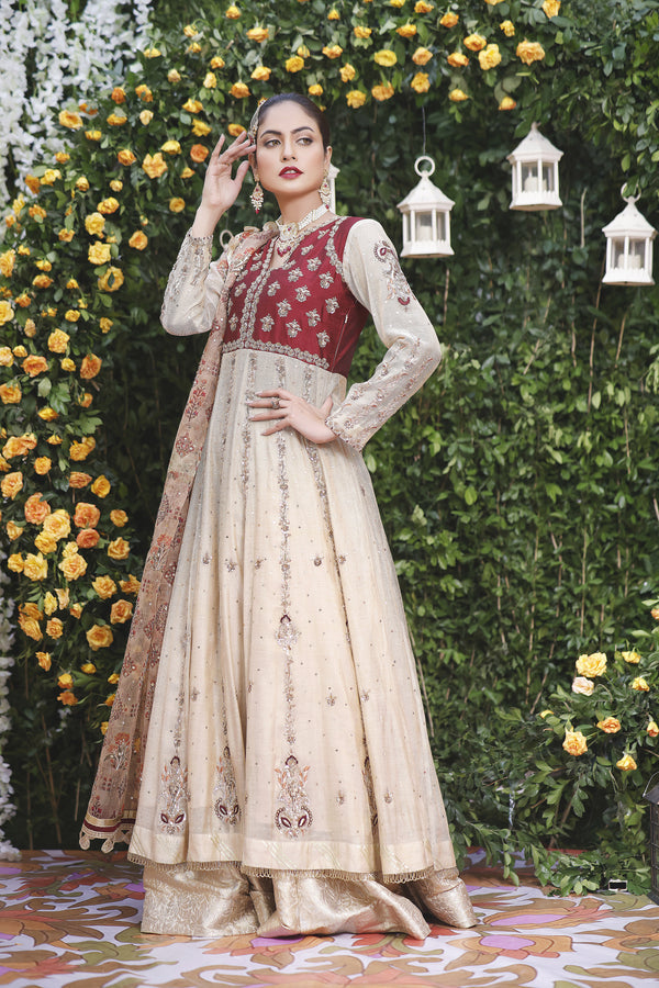 Wahajmbegum | Mehrunnisa Wedding Formals | MAROON IVORY ANARKALI by Wahaj M.Khan - Designer Dress - Type: Ladies Clothes - Available at Libayah - 100% Original