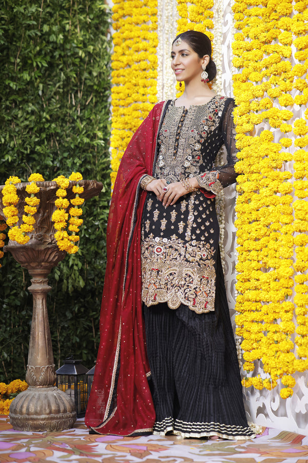 Wahajmbegum | Mehrunnisa Wedding Formals | BLACK & MAROON COUTURE OUTFIT by Wahaj M.Khan - Designer Dress - Type: Ladies Clothes - Available at Libayah - 100% Original