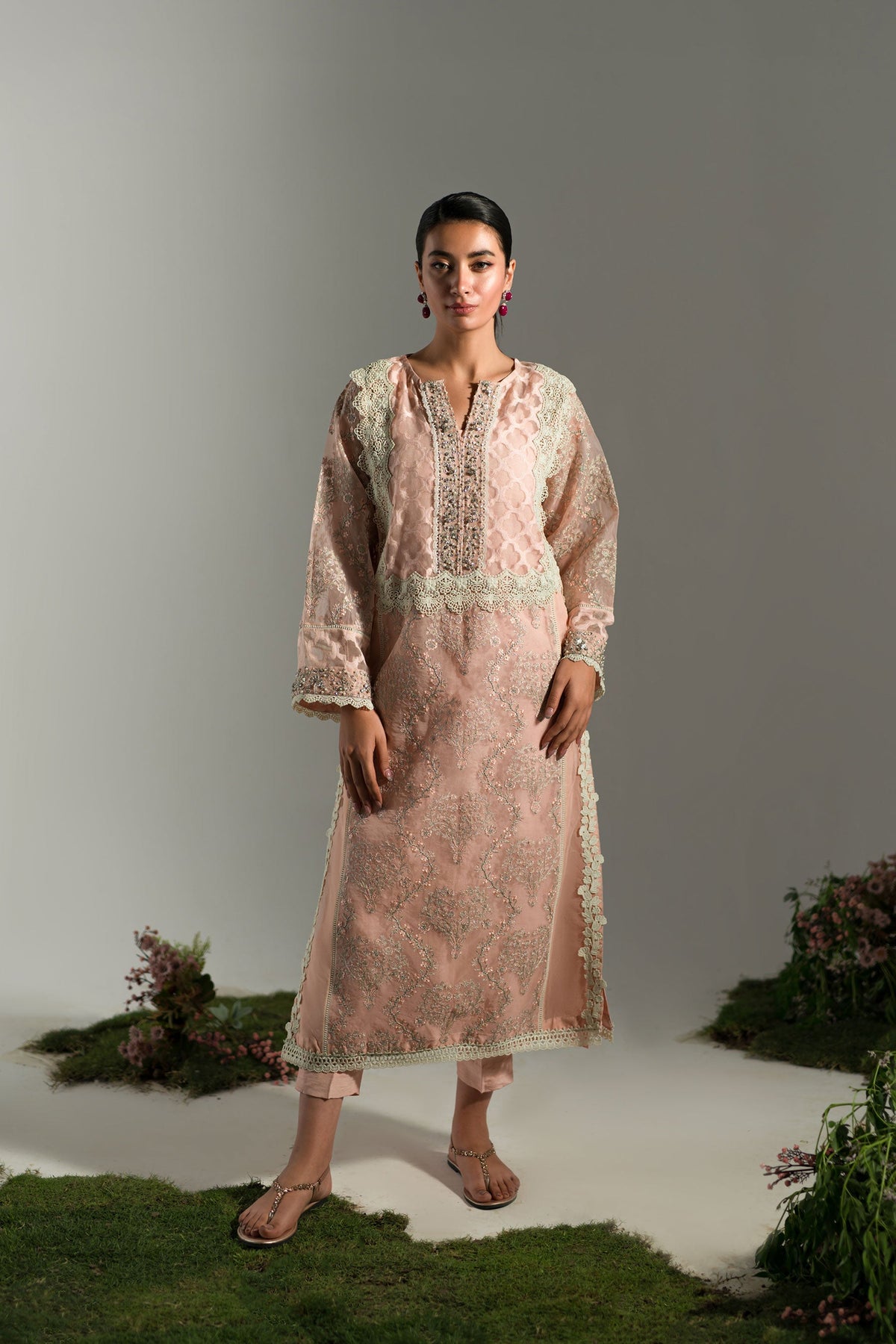 Ammara Khan | Lily Luxury Formals 24 | PASTEL PEACH LONG KURTA (D-07) by Ammara Khan - Designer Dress - Type: Ladies Clothes - Available at Libayah - 100% Original