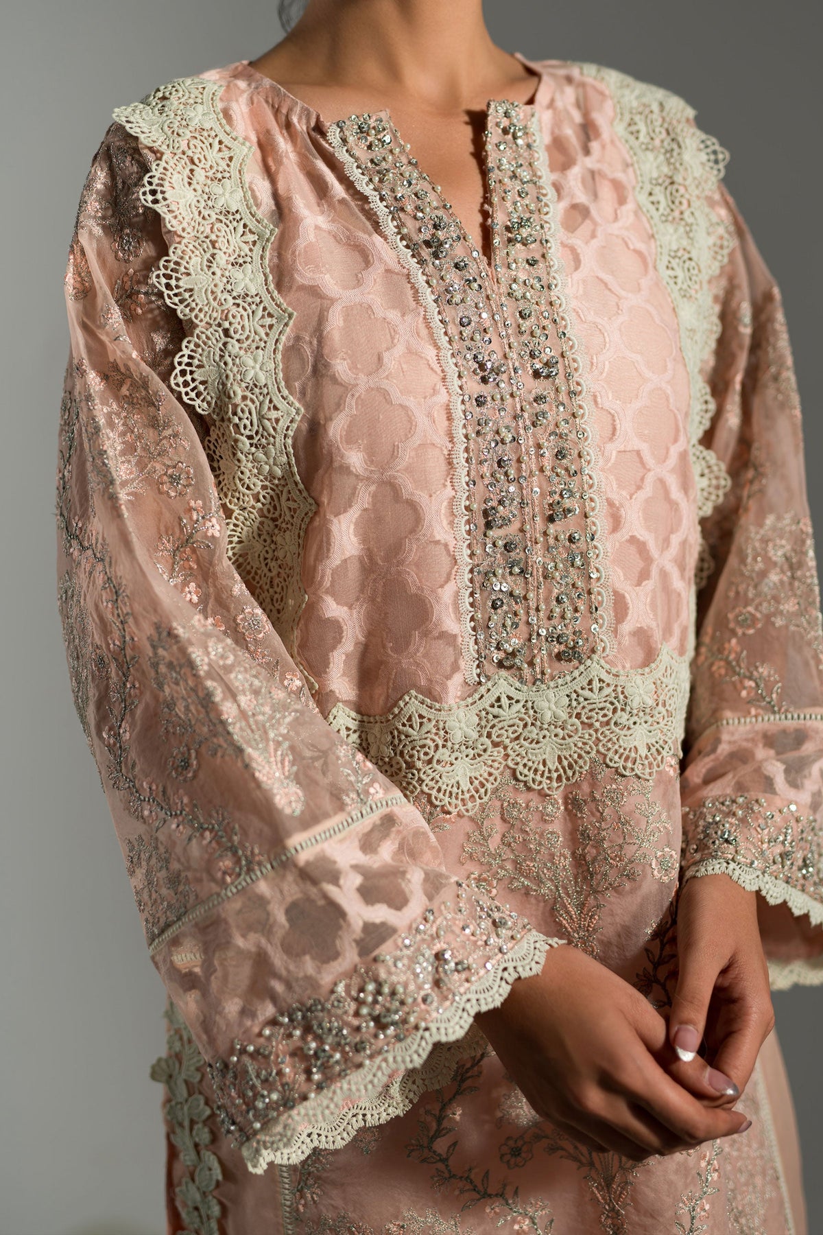 Ammara Khan | Lily Luxury Formals 24 | PASTEL PEACH LONG KURTA (D-07) by Ammara Khan - Designer Dress - Type: Ladies Clothes - Available at Libayah - 100% Original
