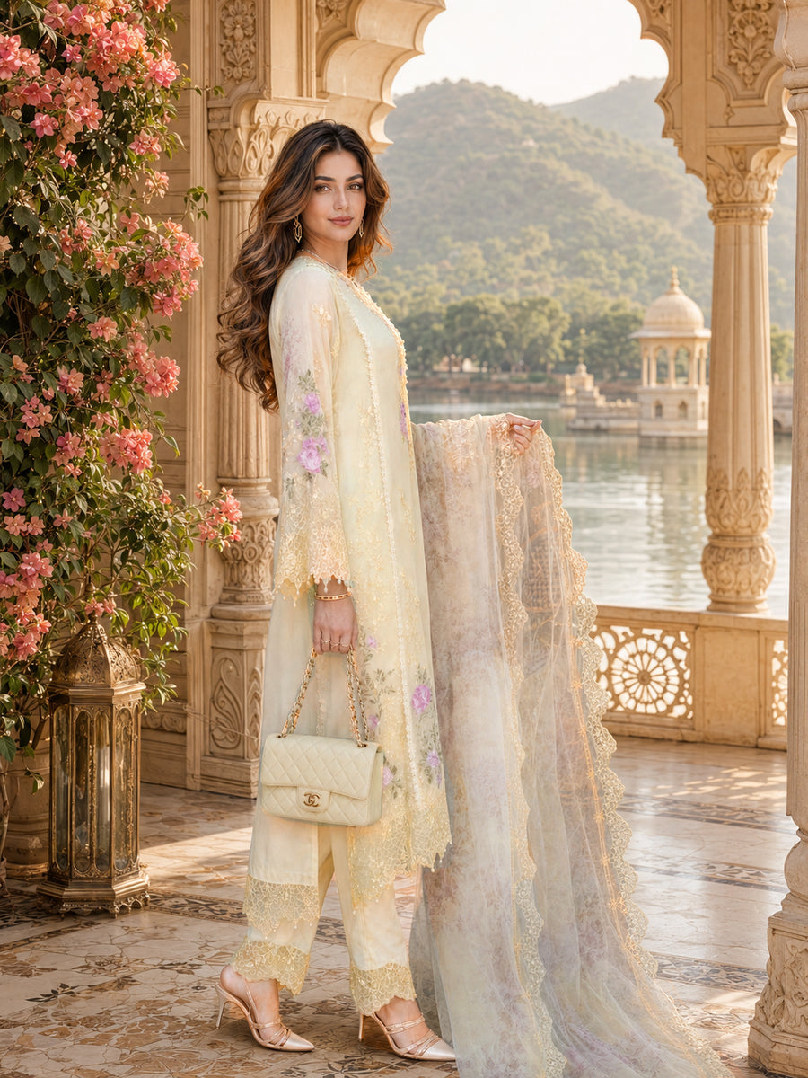 Saadia Asad | Nooriyah Luxury Chiffon | D5 - Pale Yellow by Saadia Asad - Designer Dress  - Type : Ladies Clothes - Available at Libayah - 100% Original 
