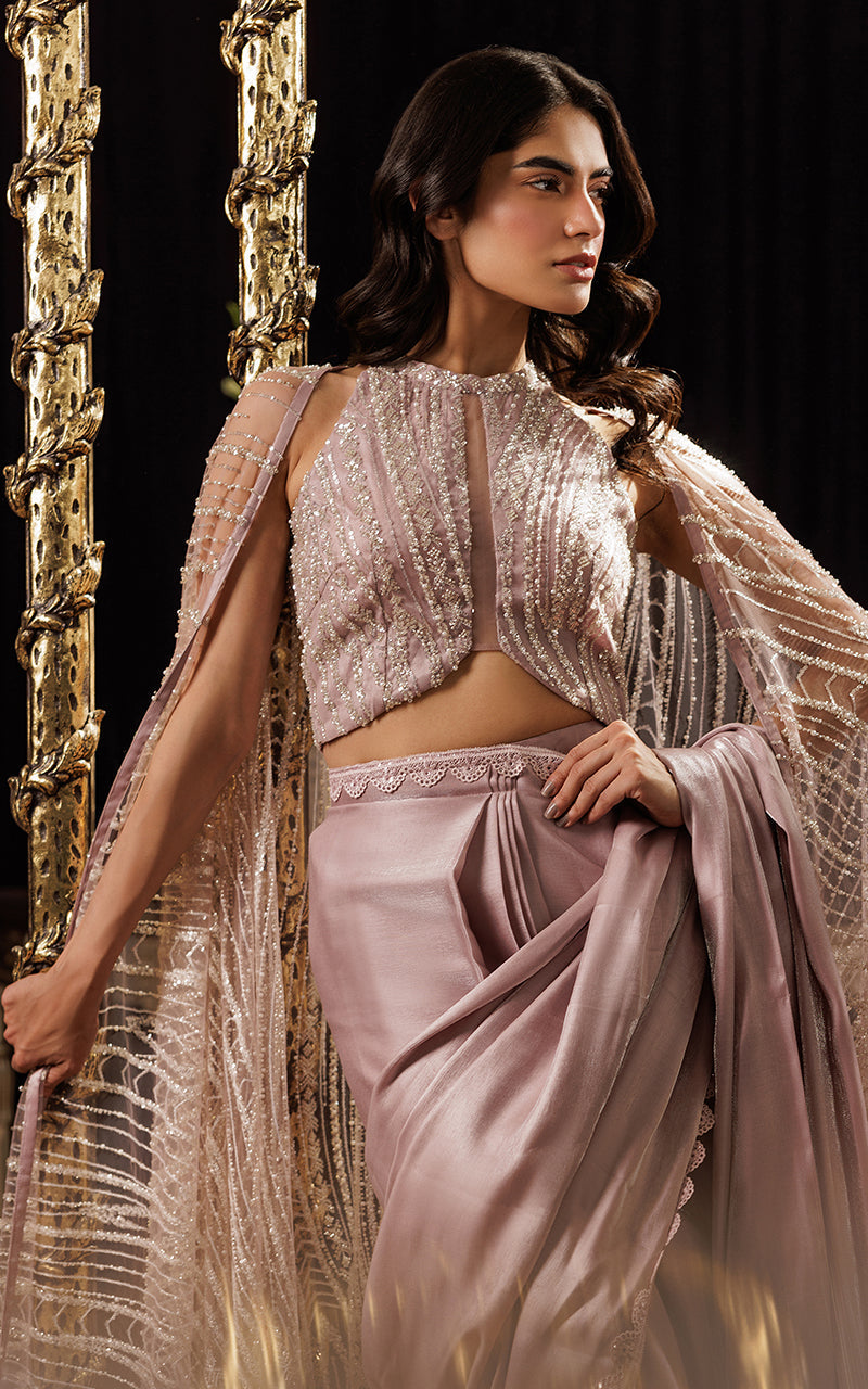 Threads and Motifs | Formal Dresses 25 | Net Embroidered Cape With Blouse And Skirt Saree by Threads and Motifs - Designer Dress  - Type : Ladies Clothes - Available at Libayah - 100% Original 