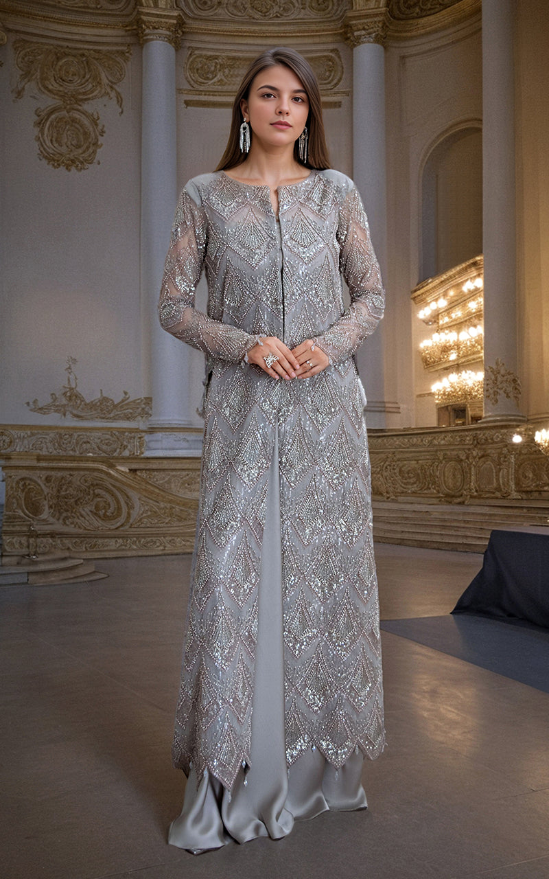 Threads and Motifs | Formal Dresses 25 | Net Embroidered Jacket with Skirt by Threads and Motifs - Designer Dress  - Type : Ladies Clothes - Available at Libayah - 100% Original 