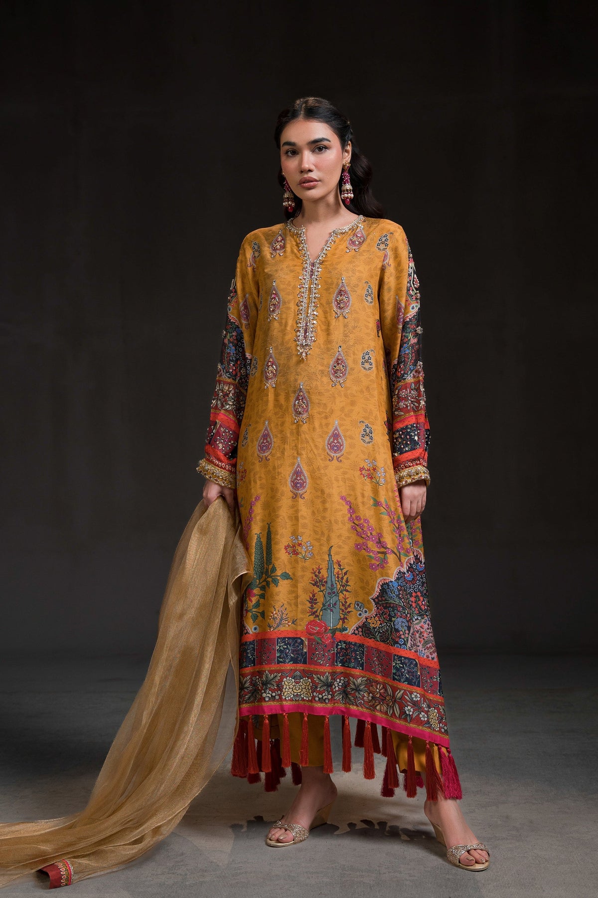 Ammara Khan | Glitz Luxury Pret 24 | MUSTARD GOLD KAFTAN SET (D-12) by Ammara Khan - Designer Dress - Type: Ladies Clothes - Available at Libayah - 100% Original
