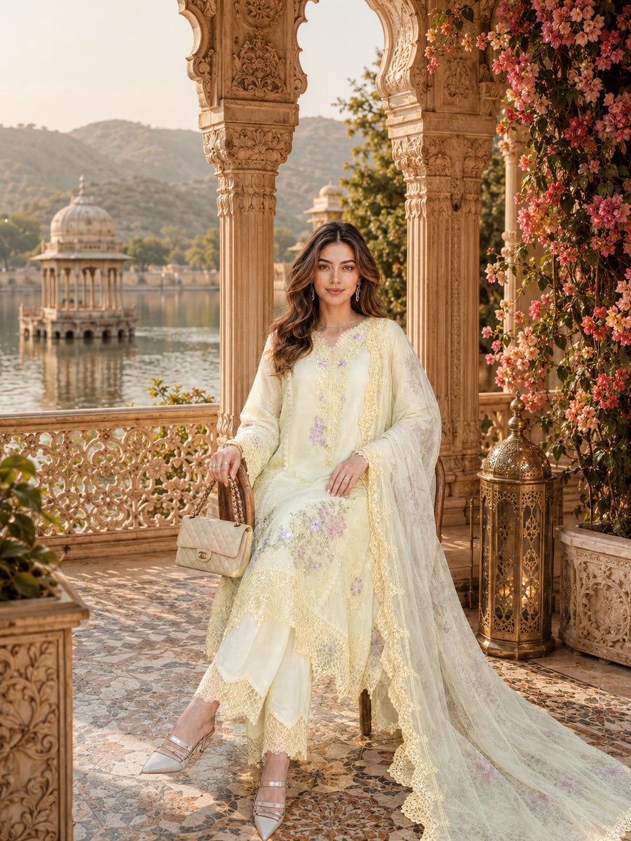 Saadia Asad | Nooriyah Luxury Chiffon | D5 - Pale Yellow by Saadia Asad - Designer Dress  - Type : Ladies Clothes - Available at Libayah - 100% Original 