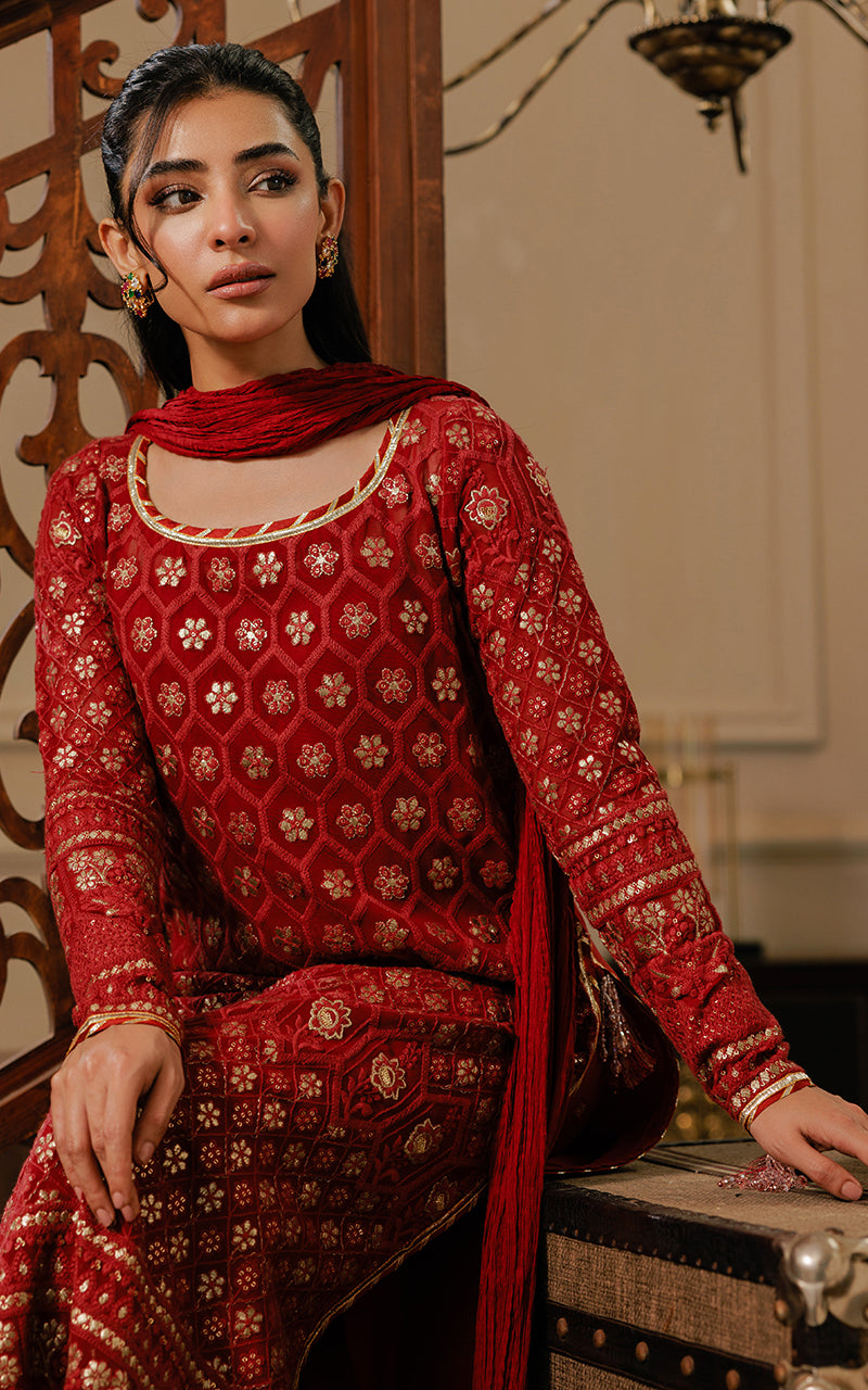 Threads and Motifs | Formal Dresses 25 | Embroidered Shirt With Gharara And Dupatta by Threads and Motifs - Designer Dress  - Type : Ladies Clothes - Available at Libayah - 100% Original 