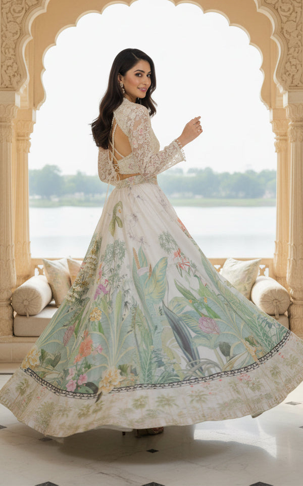 Threads and Motifs | Formal Outfits | Blouse With Jacket And Printed Lehenga