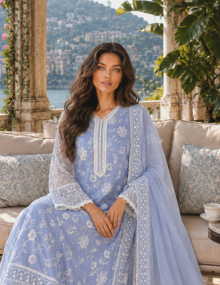 Saadia Asad | Nooriyah Luxury Chiffon | D3 - Dove Blue by Saadia Asad - Designer Dress  - Type : Ladies Clothes - Available at Libayah - 100% Original 