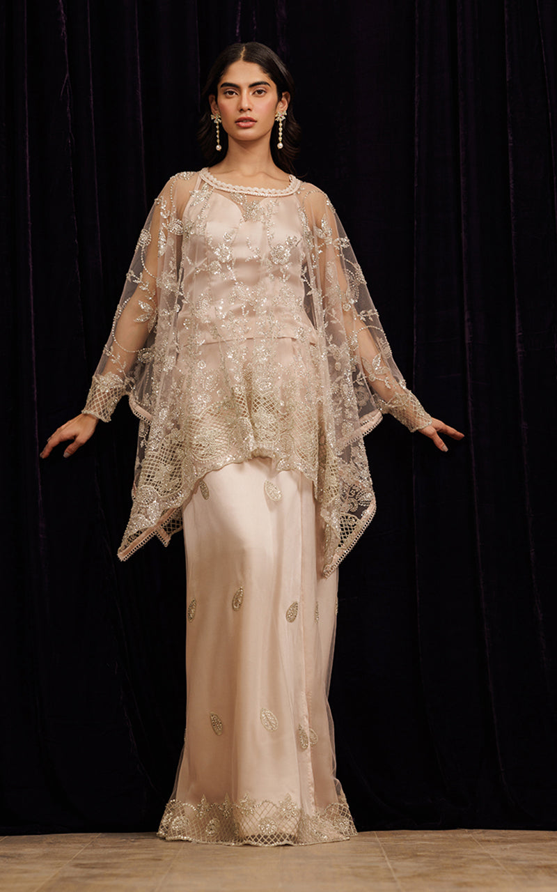 Threads and Motifs | Formal Dresses 25 | Net Embroidered Cape With Tube And Skirt by Threads and Motifs - Designer Dress  - Type : Ladies Clothes - Available at Libayah - 100% Original 