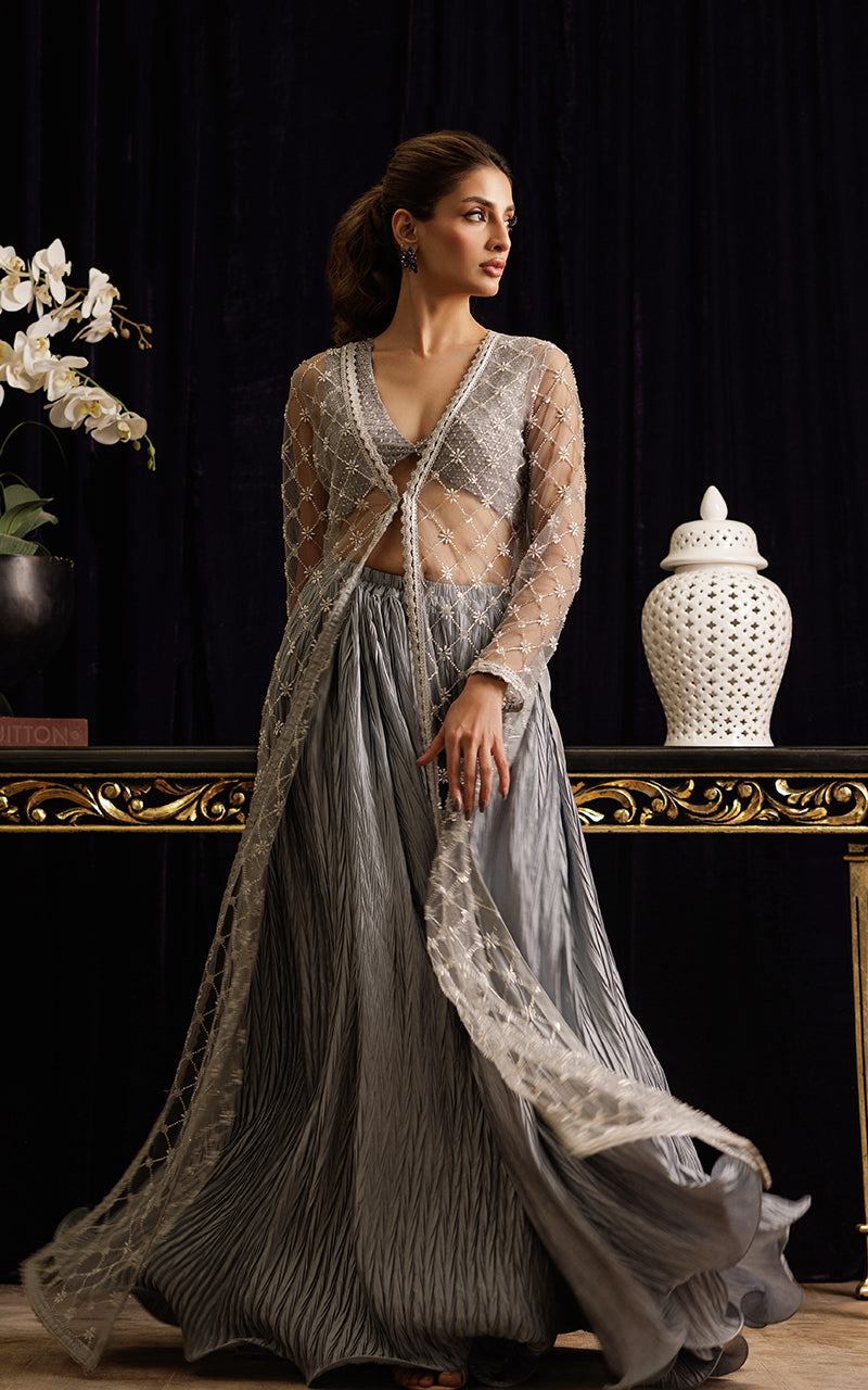 Threads and Motifs | Formal Dresses 25 | Net Embroidered Jacket with Tube and Skirt by Threads and Motifs - Designer Dress  - Type : Ladies Clothes - Available at Libayah - 100% Original 