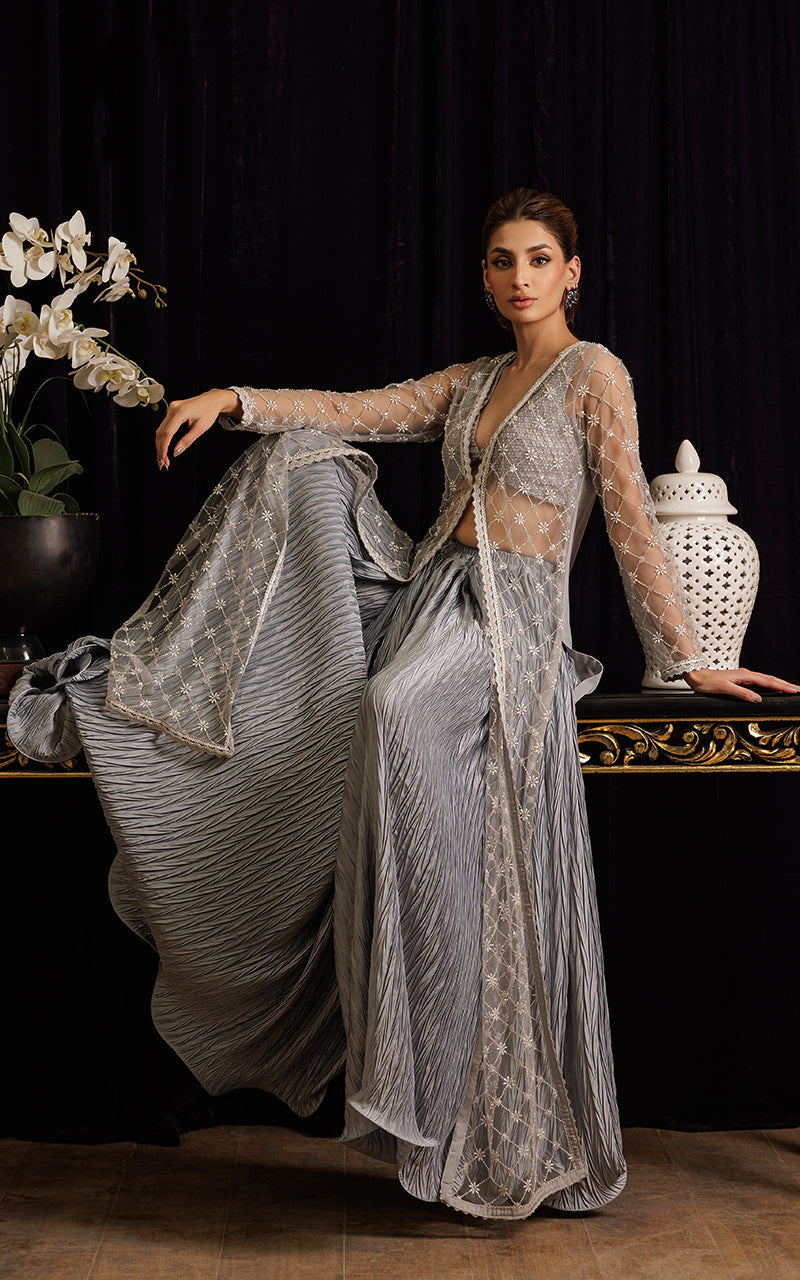 Threads and Motifs | Formal Dresses 25 | Net Embroidered Jacket with Tube and Skirt by Threads and Motifs - Designer Dress  - Type : Ladies Clothes - Available at Libayah - 100% Original 
