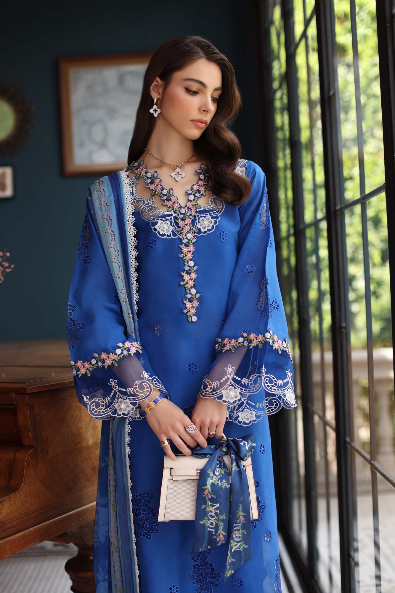 Noor by Saadia Asad | Eid Luxury Schiffli Laserkari 25 | D4- Ink Blue by Noor by Saadia Asad - Designer Dress - Type: Ladies Clothes - Available at Libayah - 100% Original