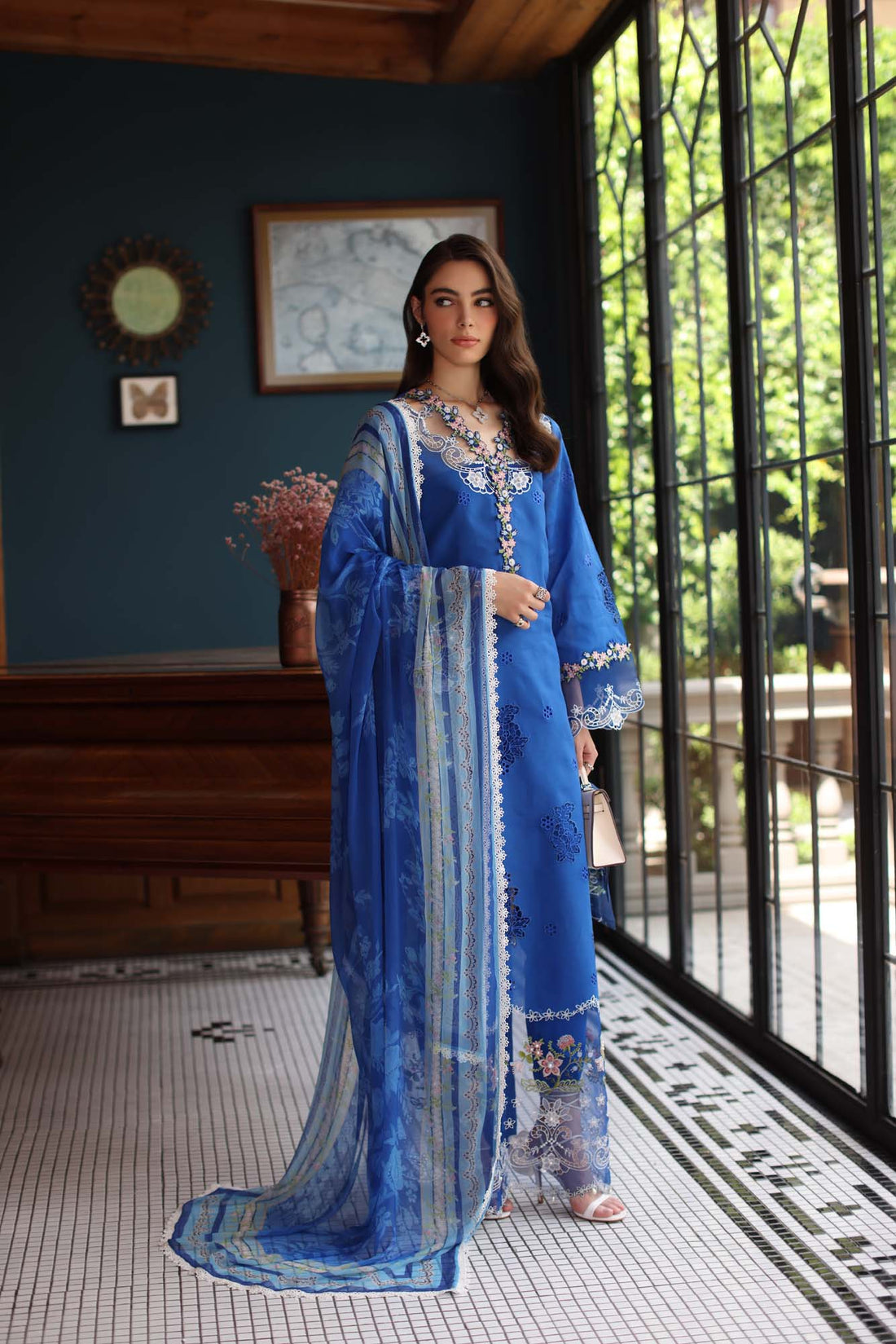 Noor by Saadia Asad | Eid Luxury Schiffli Laserkari 25 | D4- Ink Blue by Noor by Saadia Asad - Designer Dress - Type: Ladies Clothes - Available at Libayah - 100% Original