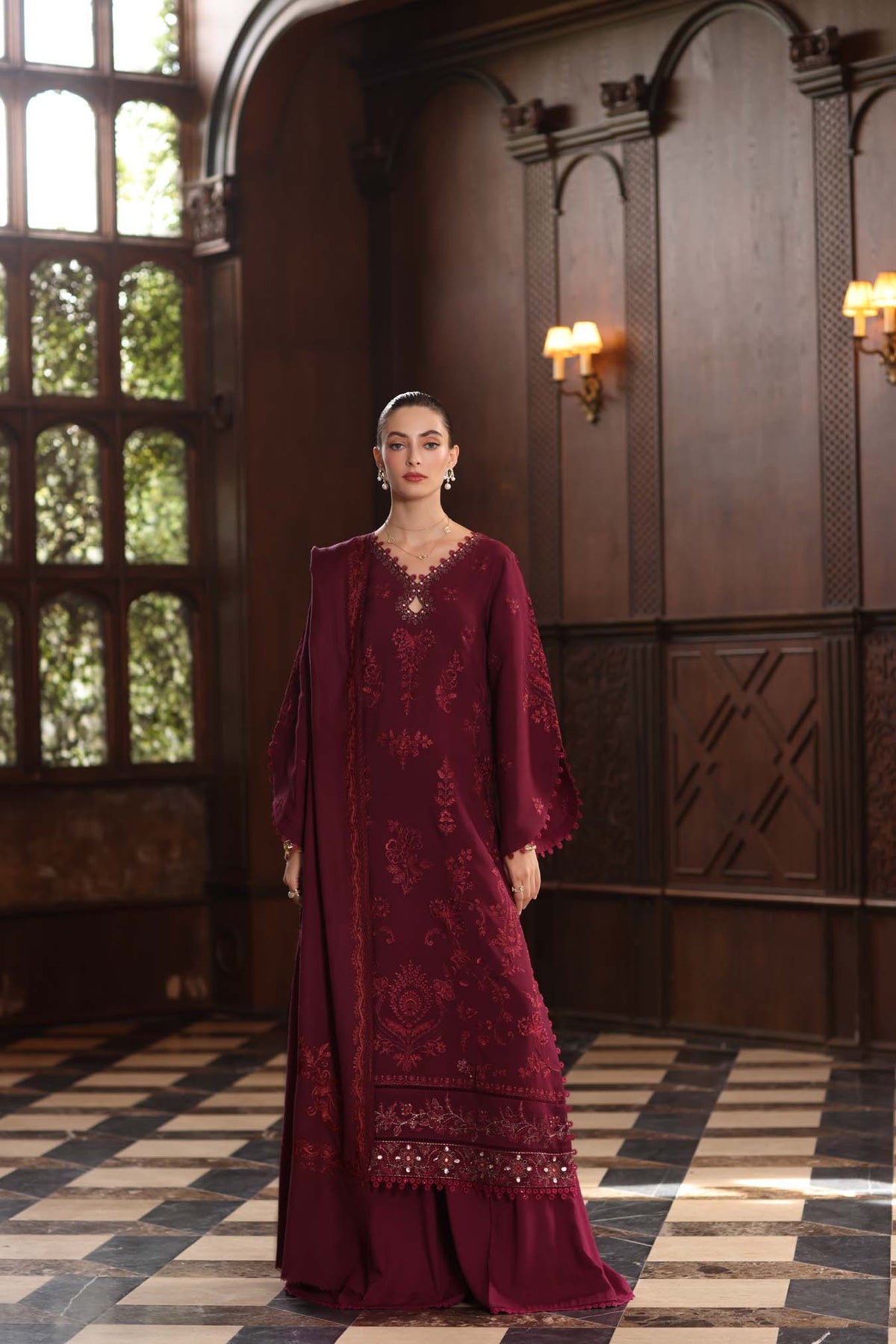 Royal Claret – authentic Pakistani dress from the Noor by Saadia Asad Winter Pashmina 25 collection for women in the UK