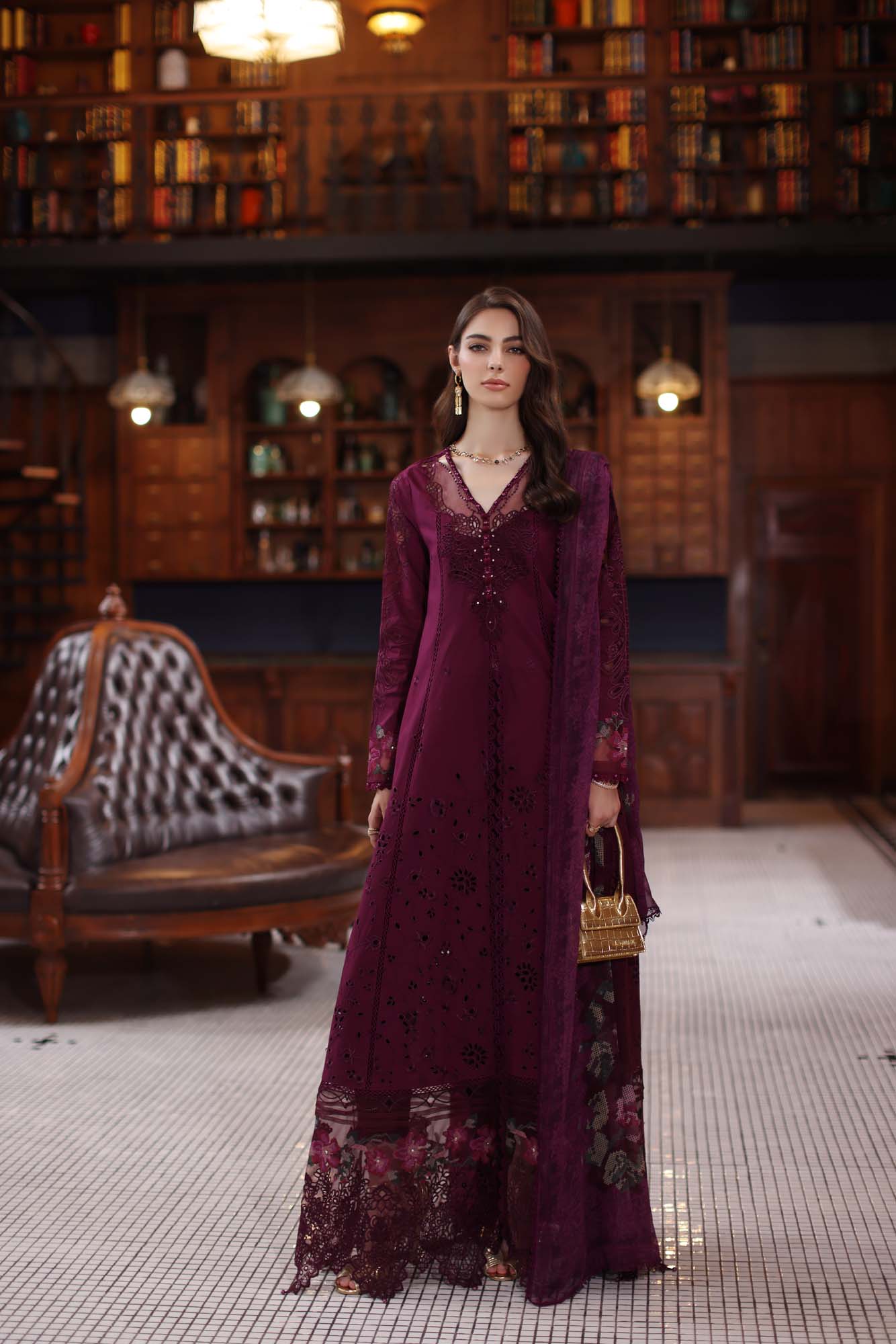 Noor by Saadia Asad | Eid Luxury Schiffli Laserkari 25 | D12- Plum by Noor by Saadia Asad - Designer Dress - Type: Ladies Clothes - Available at Libayah - 100% Original