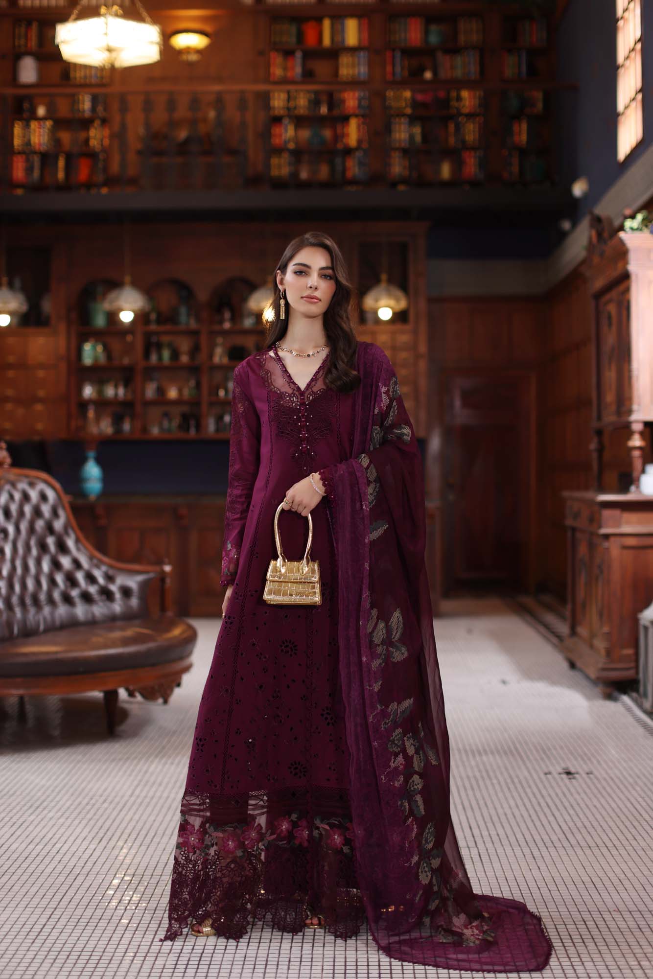 Noor by Saadia Asad | Eid Luxury Schiffli Laserkari 25 | D12- Plum by Noor by Saadia Asad - Designer Dress - Type: Ladies Clothes - Available at Libayah - 100% Original