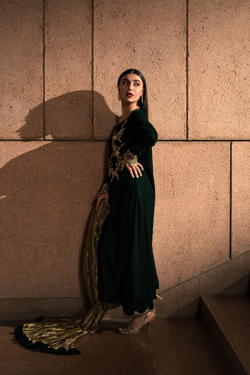 Ammara Khan | Rendezvous Velvet | Emerald Jewel of the East Velvet Set (D-04) by Ammara Khan - Designer Dress - Type: Ladies Clothes - Available at Libayah - 100% Original