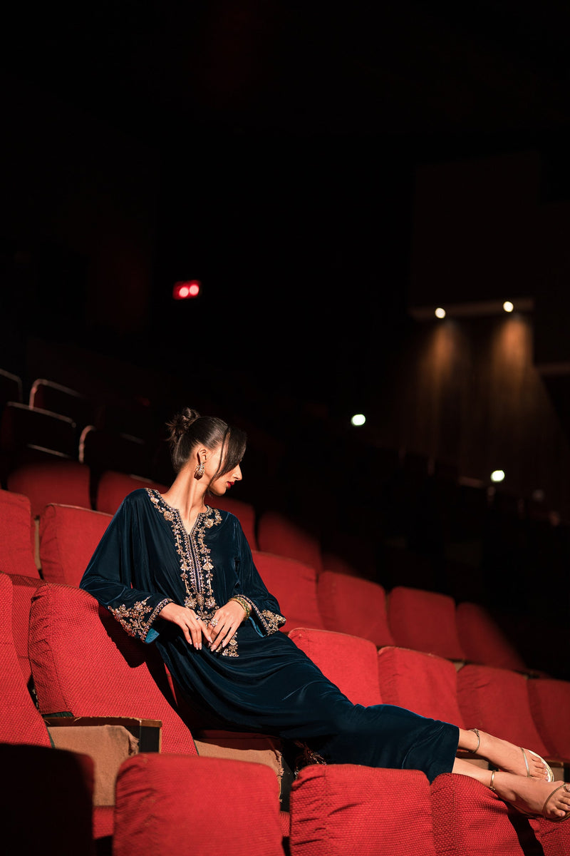 Ammara Khan | Rendezvous Velvet | Statement Teal Velvet Kaftan (D-06) by Ammara Khan - Designer Dress - Type: Ladies Clothes - Available at Libayah - 100% Original