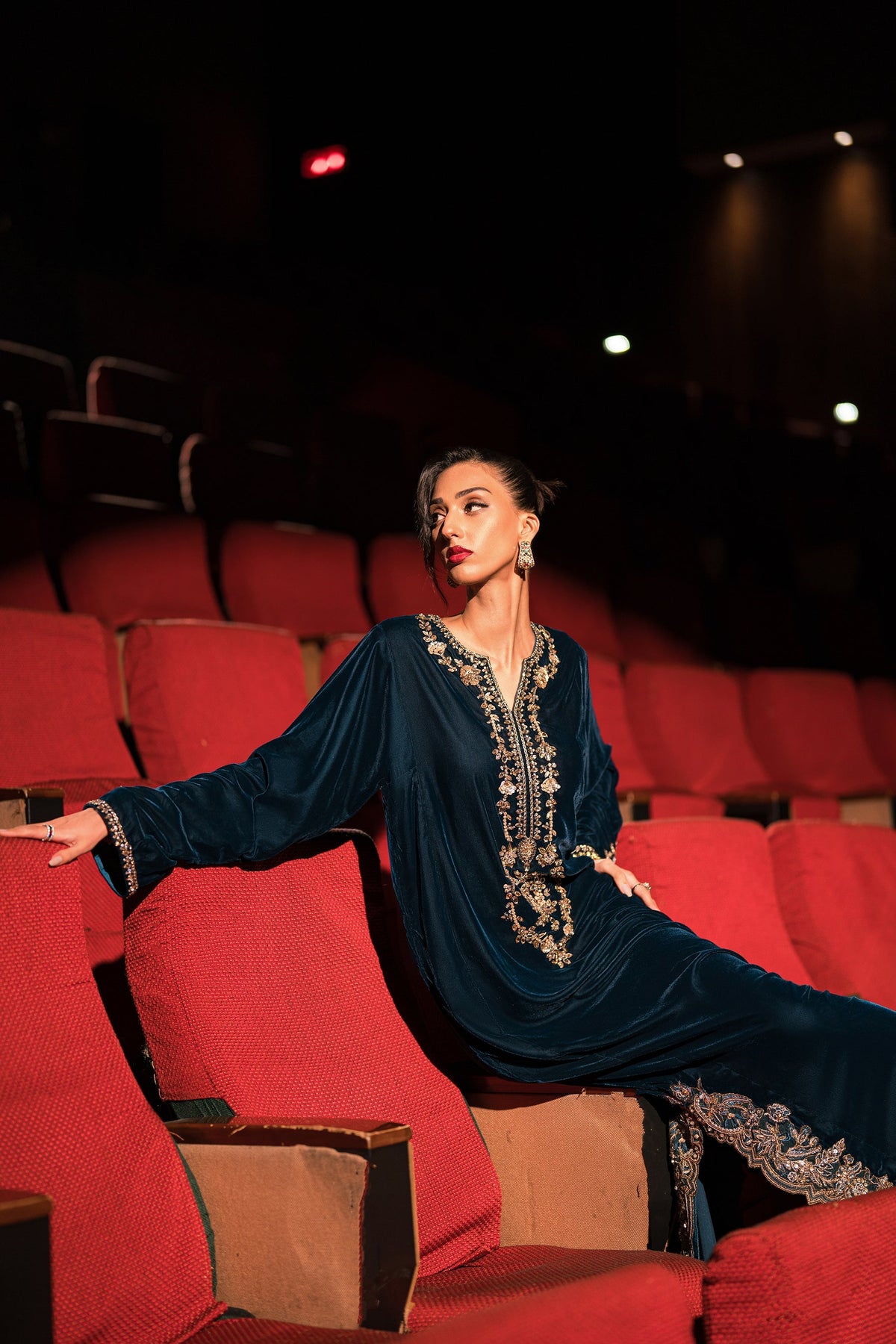 Ammara Khan | Rendezvous Velvet | Statement Teal Velvet Kaftan (D-06) by Ammara Khan - Designer Dress - Type: Ladies Clothes - Available at Libayah - 100% Original