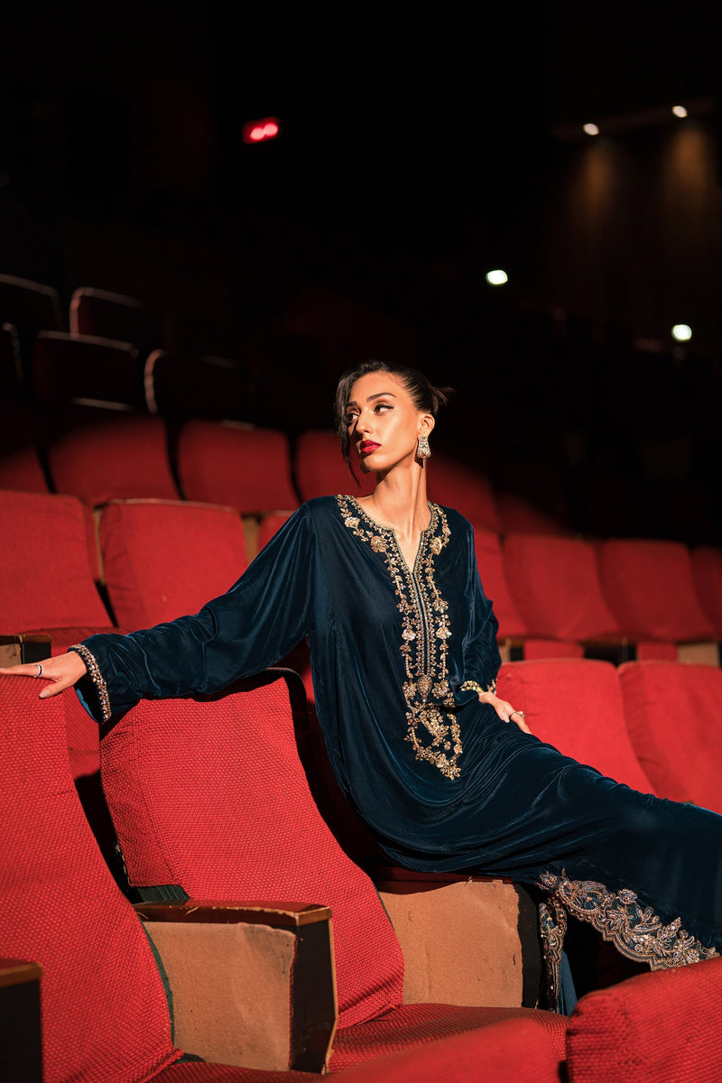 Ammara Khan | Rendezvous Velvet | Statement Teal Velvet Kaftan (D-06) by Ammara Khan - Designer Dress - Type: Ladies Clothes - Available at Libayah - 100% Original