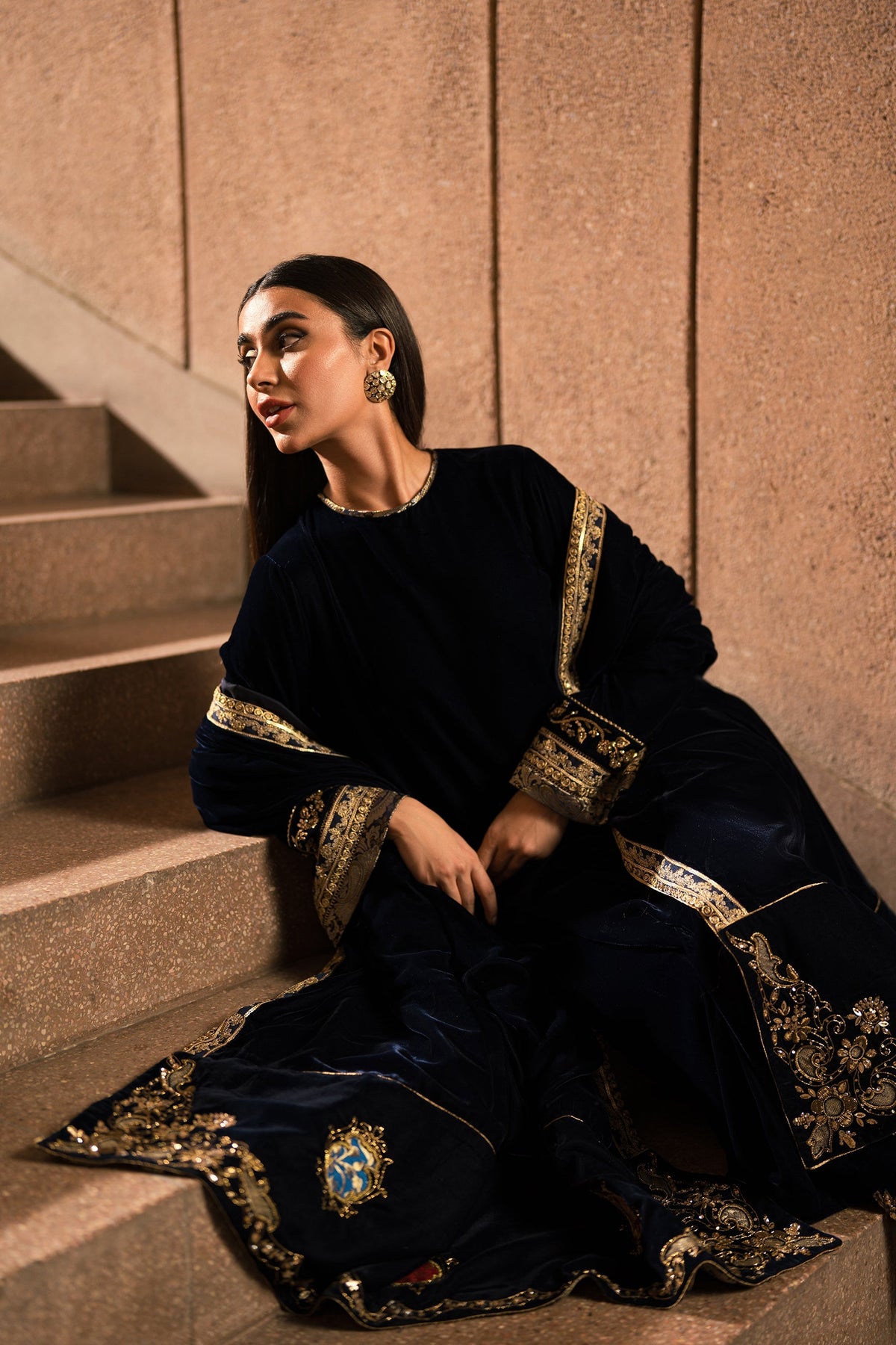 Ammara Khan | Rendezvous Velvet | Navy Magic Velvet Shawl Set (D-09) by Ammara Khan - Designer Dress - Type: Ladies Clothes - Available at Libayah - 100% Original