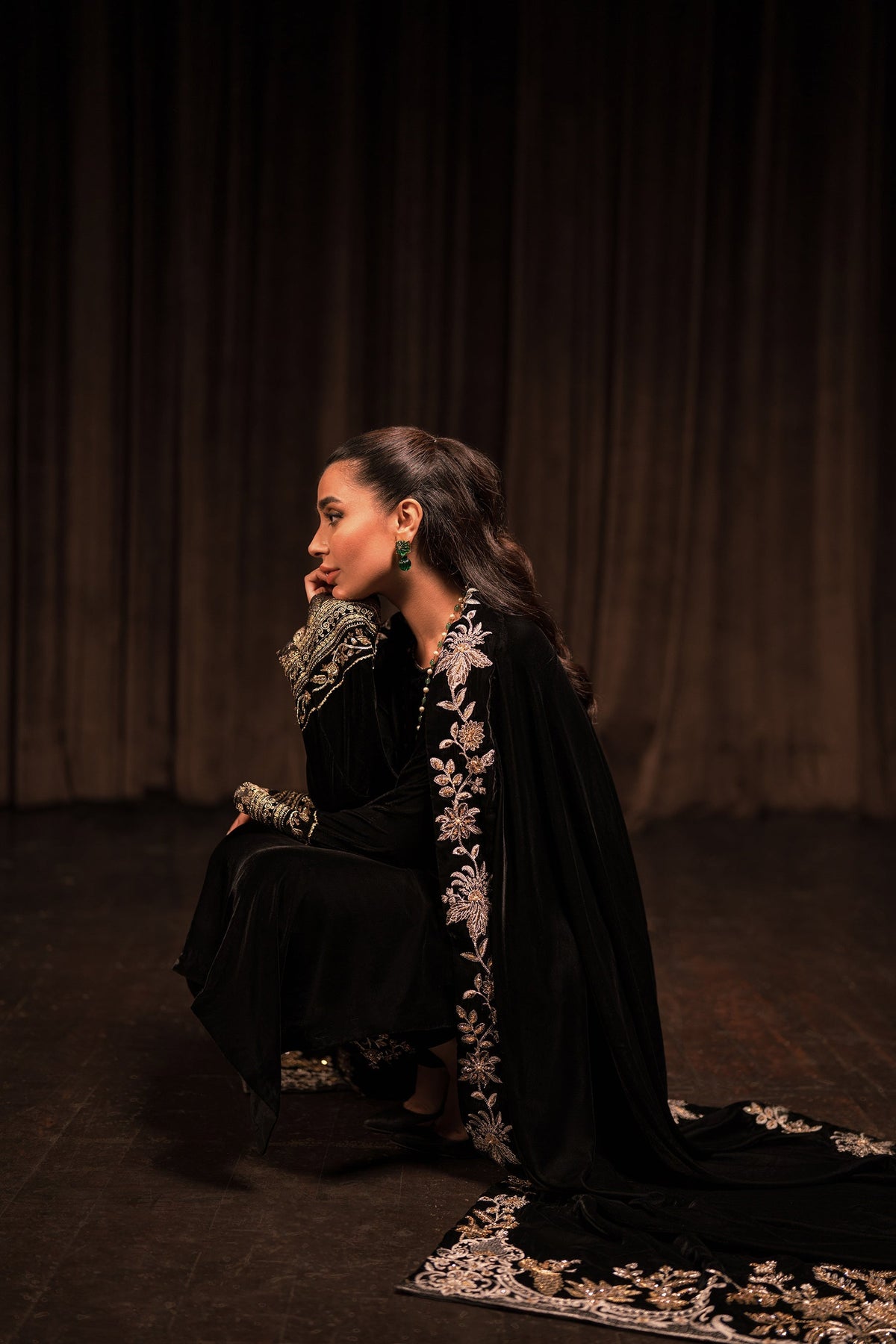 Ammara Khan | Rendezvous Velvet | Grand Black Velvet Shawl Set (D-10) by Ammara Khan - Designer Dress - Type: Ladies Clothes - Available at Libayah - 100% Original