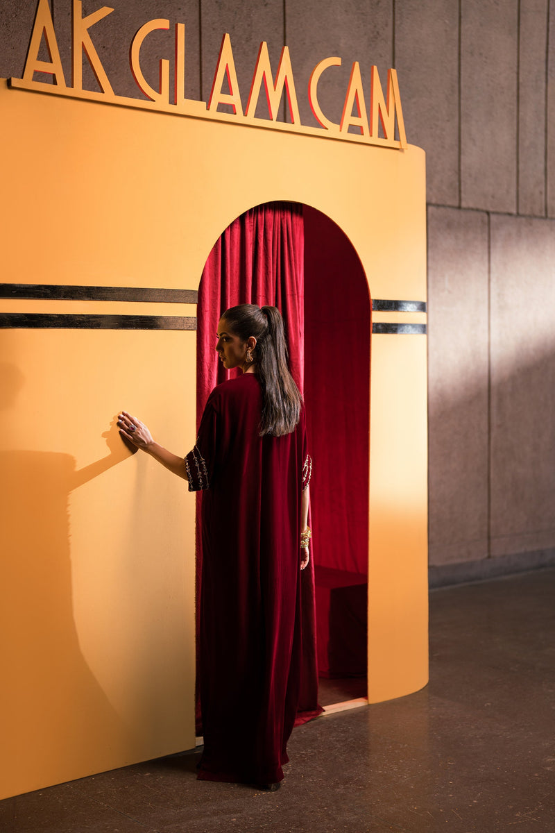 Ammara Khan | Rendezvous Velvet | Bold Scarlet Beauty Kaftan (D-11) by Ammara Khan - Designer Dress - Type: Ladies Clothes - Available at Libayah - 100% Original