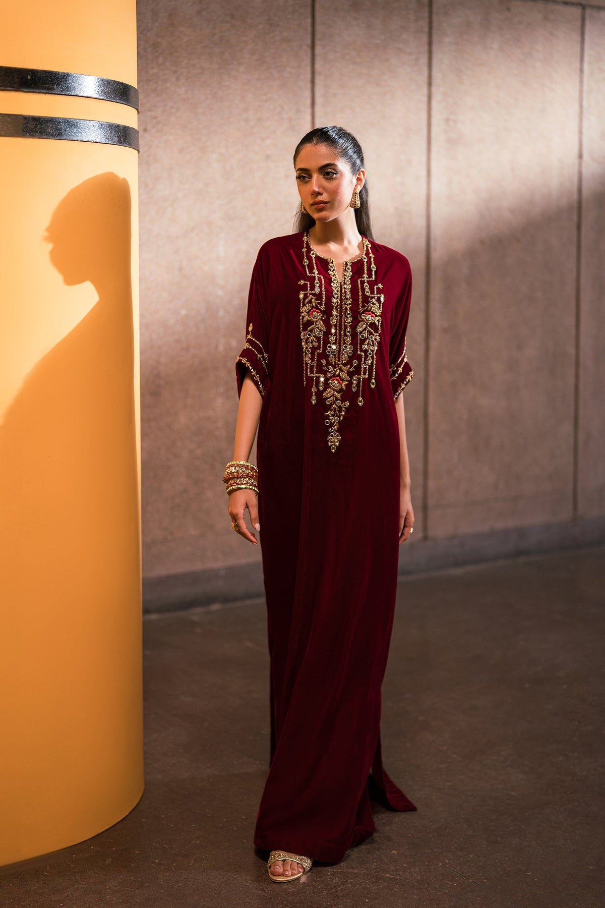 Ammara Khan | Rendezvous Velvet | Bold Scarlet Beauty Kaftan (D-11) by Ammara Khan - Designer Dress - Type: Ladies Clothes - Available at Libayah - 100% Original