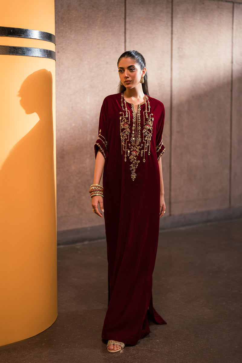 Ammara Khan | Rendezvous Velvet | Bold Scarlet Beauty Kaftan (D-11) by Ammara Khan - Designer Dress - Type: Ladies Clothes - Available at Libayah - 100% Original