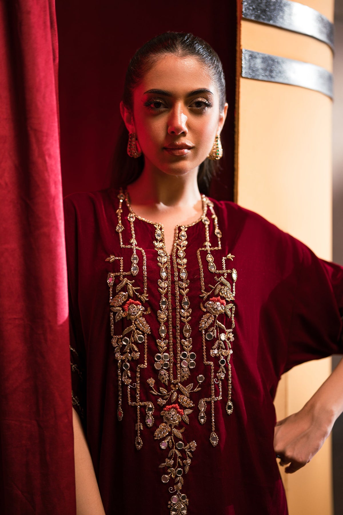 Ammara Khan | Rendezvous Velvet | Bold Scarlet Beauty Kaftan (D-11) by Ammara Khan - Designer Dress - Type: Ladies Clothes - Available at Libayah - 100% Original