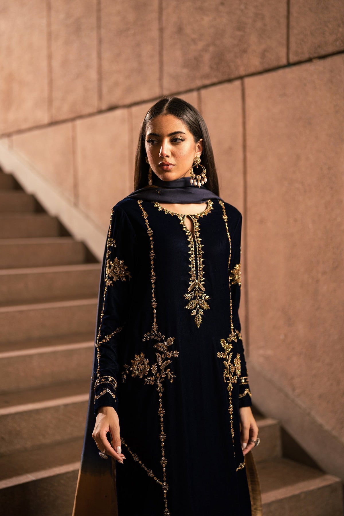 Ammara Khan | Rendezvous Velvet | Blue and Bronze Gold Velvet Set (D-12) by Ammara Khan - Designer Dress - Type: Ladies Clothes - Available at Libayah - 100% Original