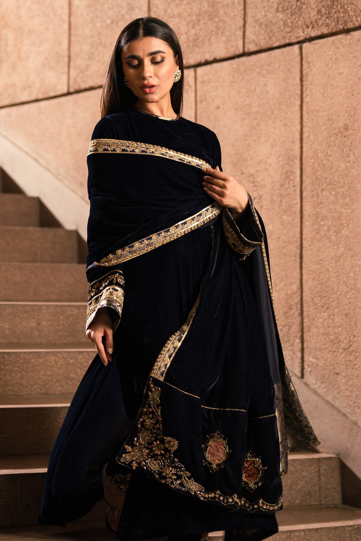 Ammara Khan | Rendezvous Velvet | Navy Magic Velvet Shawl Set (D-09) by Ammara Khan - Designer Dress - Type: Ladies Clothes - Available at Libayah - 100% Original