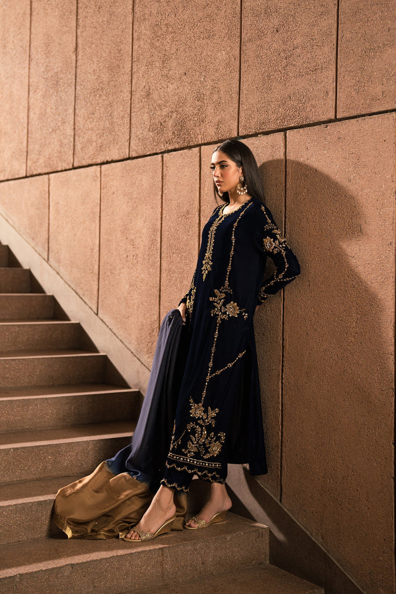 Ammara Khan | Rendezvous Velvet | Blue and Bronze Gold Velvet Set (D-12) by Ammara Khan - Designer Dress - Type: Ladies Clothes - Available at Libayah - 100% Original