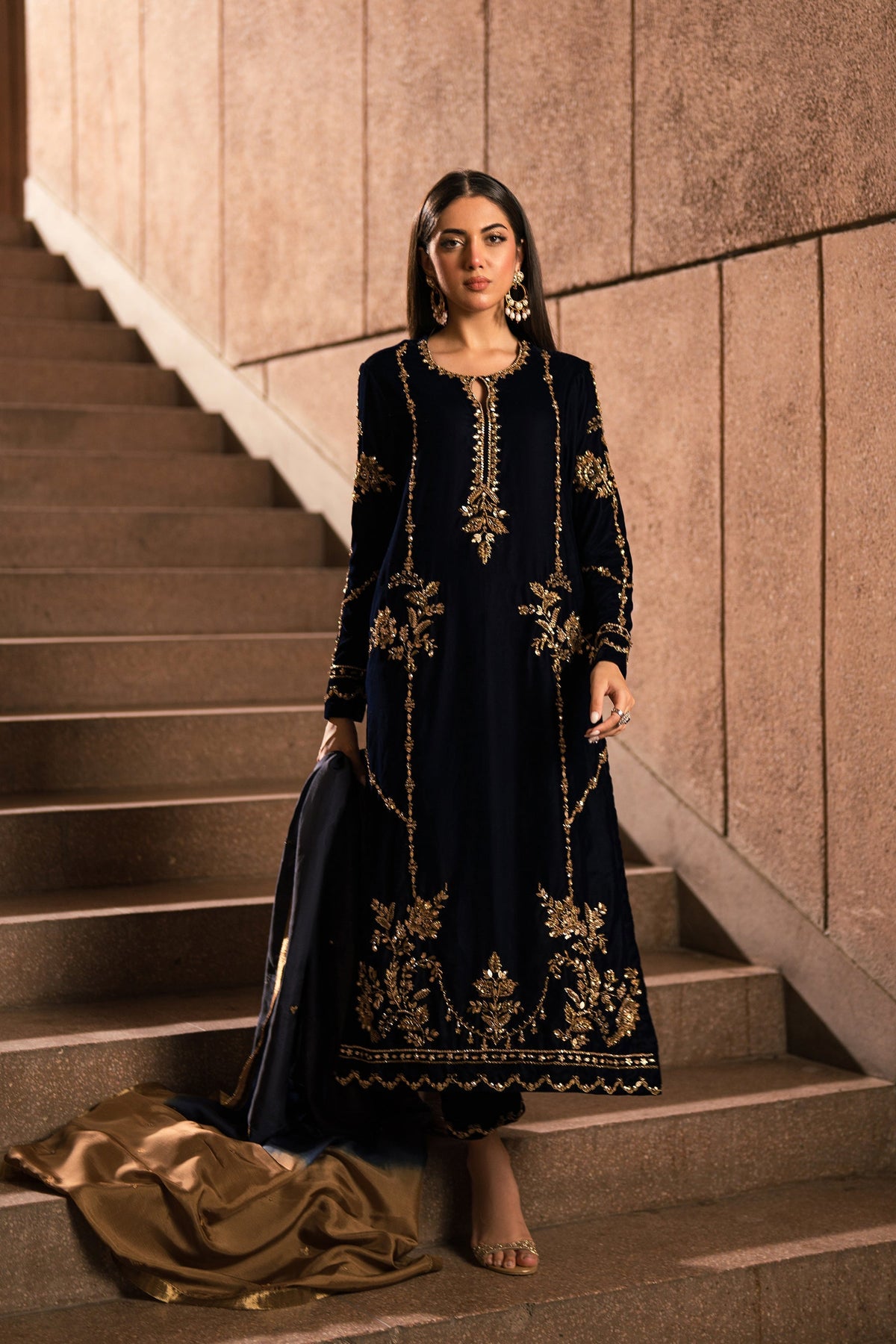 Ammara Khan | Rendezvous Velvet | Blue and Bronze Gold Velvet Set (D-12) by Ammara Khan - Designer Dress - Type: Ladies Clothes - Available at Libayah - 100% Original